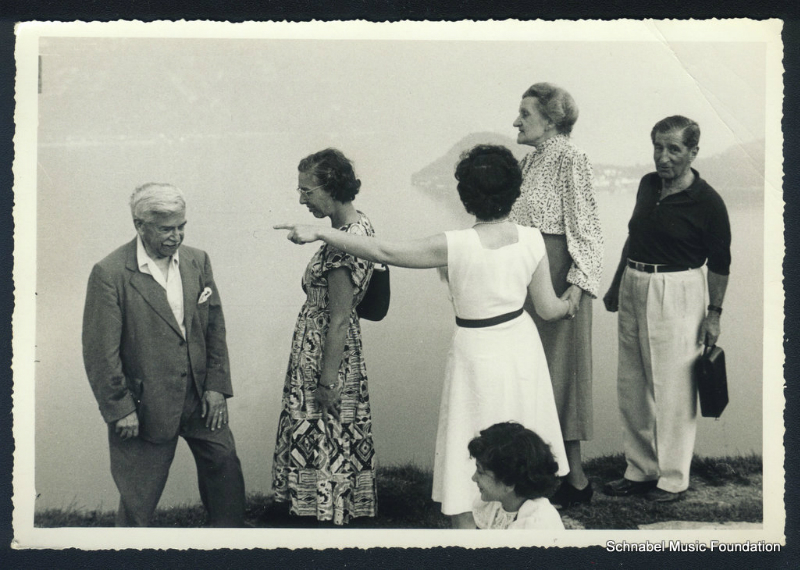Schnabel, Therese Schnabel, Sir Robert Mayer; Ann Schnabel sitting. Above Lake Como, 1950