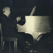 Artur Schnabel and son Karl Ulrich Schnabel at rehearsal of Bach, Concerto for 2 pianos and orchestra, C major, at Carnegie Hall, New York, February 1947. In background conductor Charles