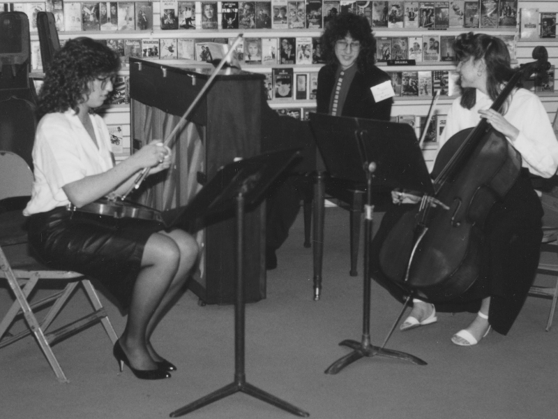 Chambermusic in local library. Claude Mottier with chamber music partners. Hartford CT, 1987