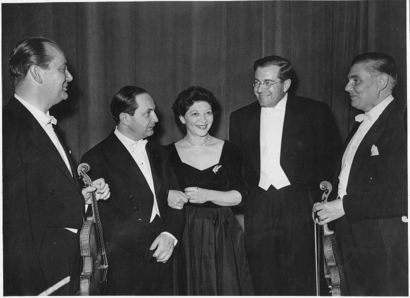 Helen and K.U. Schnabel with conductor and violinists, Netherlands, 1950's